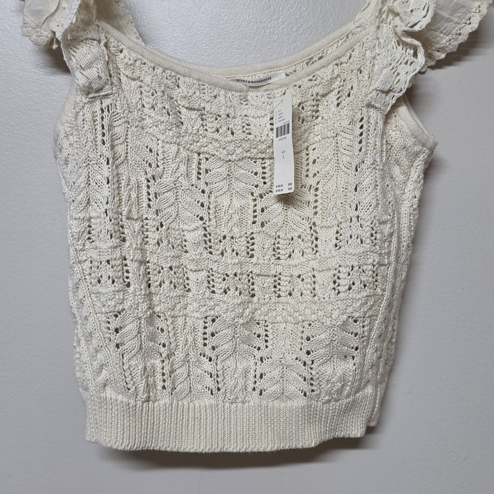 Anthropologie Ruffled Garden Sweater Tank Top Ivory Knit Lace Trim NWT Large - Picture 6 of 11